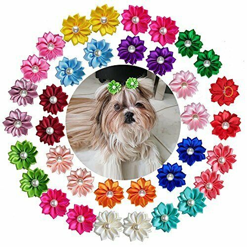 Yagopet 40pcs/pack 20pairs Cute New Dog Hair Bows With Rubber Bands Pearls Fl...