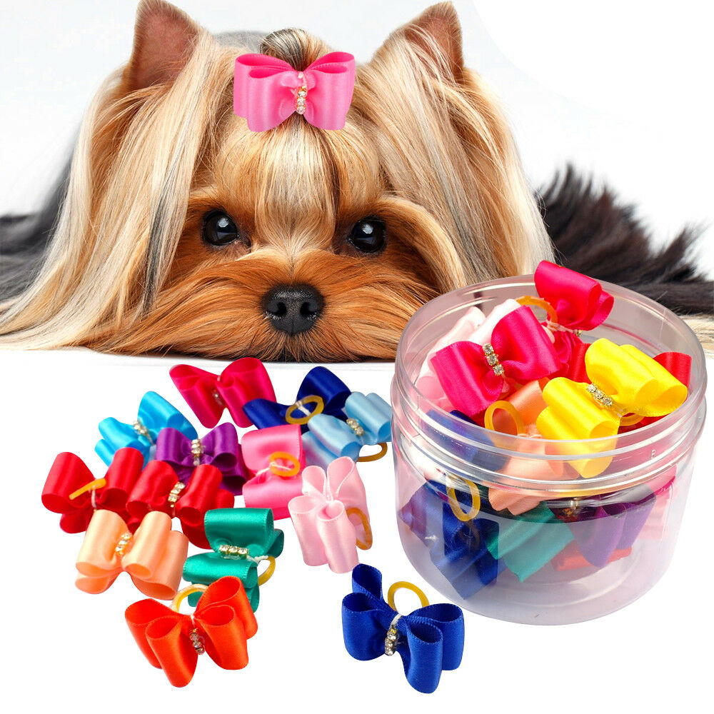 20/50/100pcs Ribbon Pet Dog Hair Bows Rubber Bands Yorkie Accessories Grooming